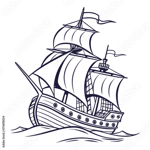 A vintage sailing ship with full sails navigating through choppy ocean waves under a clear sky