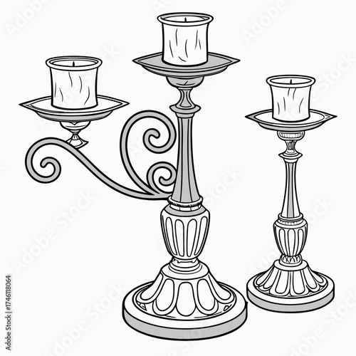 Elegant antique candelabra and candlestick with lit candles in a classic decorative style