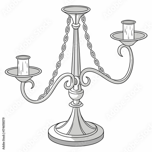 Elegant antique silver candelabra with three candle holders and decorative chains on a white background