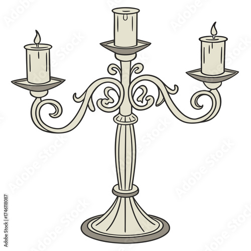 Elegant antique three branched candelabra with lit candles classic decorative object for ambiance and lighting