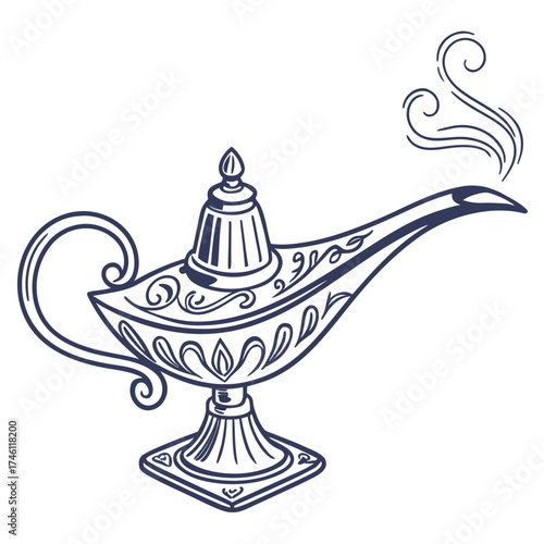 Mysterious ornate magic lamp with swirling smoke emanating from its spout a symbol of wishes and arabian nights