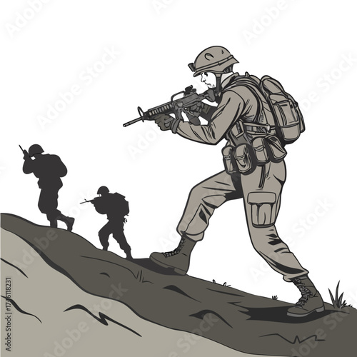 Soldiers in tactical gear advancing uphill with rifles aimed forward in a military operation