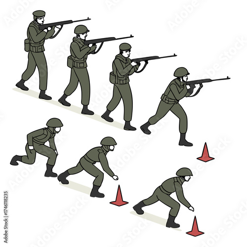 Soldiers in military uniform practicing tactical maneuvers and weapon handling during a training exercise