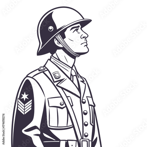 Stylized illustration of a determined soldier in uniform wearing a helmet and looking upwards with a serious expression