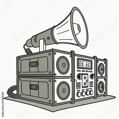 Vintage boombox with a gramophone horn speaker on top retro audio equipment illustration