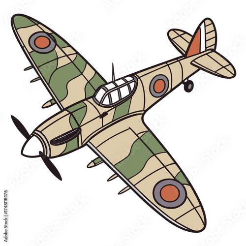Vintage world war two fighter plane illustration with camouflage pattern and roundels