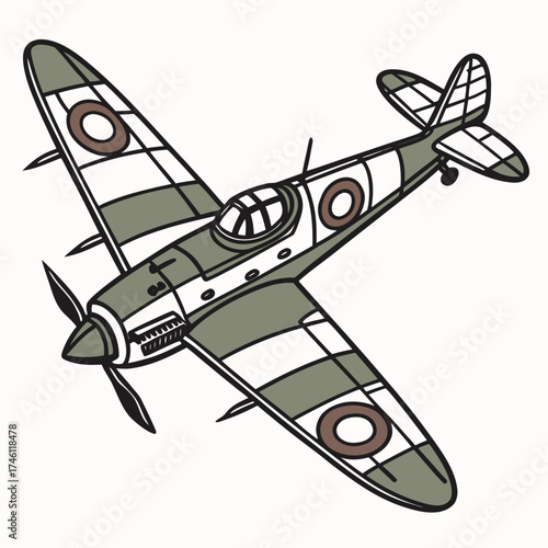 Vintage world war two british spitfire fighter airplane illustration with roundels and stripes