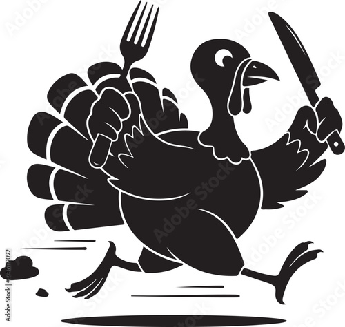 Vector art of black and white cartoon illustration of a running turkey holding a fork and knife