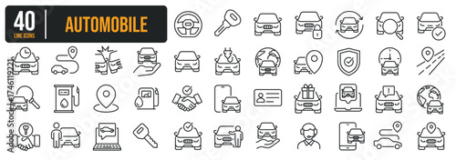 Set of collection thin line icons related Automobile, Car Dealer, Car Rent. The icon can be used for website, infographic, user interface, app, banner, logo, brochure etc transparent background