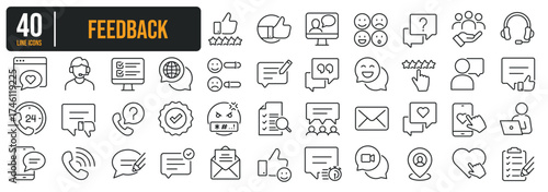 Set of collection thin line icons related Feedback, Testimonial, Review. The icon can be used for website, infographic, user interface, app, banner, logo, brochure etc transparent background