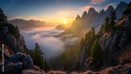 A serene and majestic mountain landscape with a sea of clouds illuminated by the warm, golden rays of a spectacular sunrise