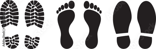 Footprints Silhouette Set Boot, Barefoot, and Shoe Print Vector Illustration