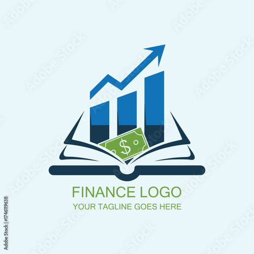 Finance Logo with Open Book, Rising Bar Chart and Dollar Bill on Light Blue Background