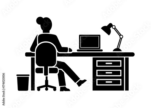 Businessman working at office desk with computer, professional employee at workplace, corporate job scene, productivity and modern office environment, black vector silhouette illustration.