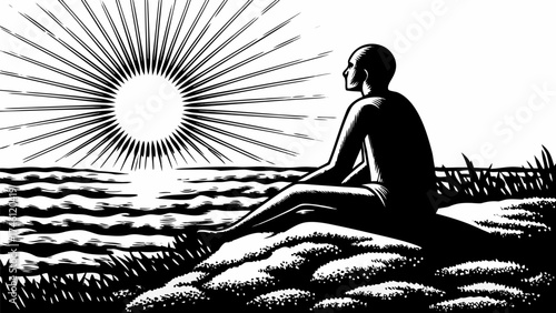 Striking linocut art of a contemplative figure gazing at a sunrise over the ocean, exuding peace