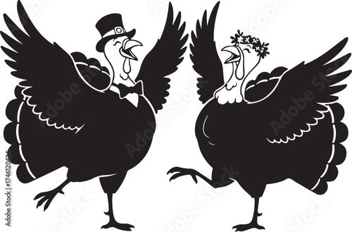 Vector art of two dancing turkeys, one wearing a top hat and bow tie, the other a floral wreath
