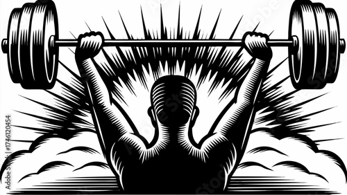 Powerful weightlifter raising barbell overhead, graphic strength illustration for fitness motivation
