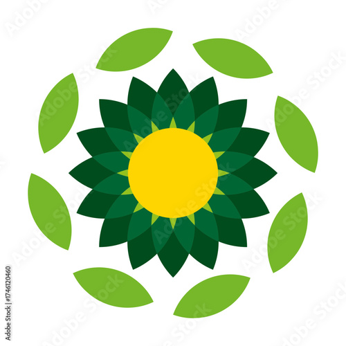 Eco sunflower icon vector in green and yellow tones, representing sustainability, renewable energy, and organic natural growth.