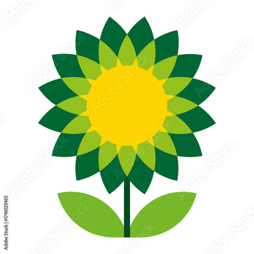 Sunflower icon vector with green stem and yellow center, representing eco-friendly growth, sustainability, and clean renewable power.