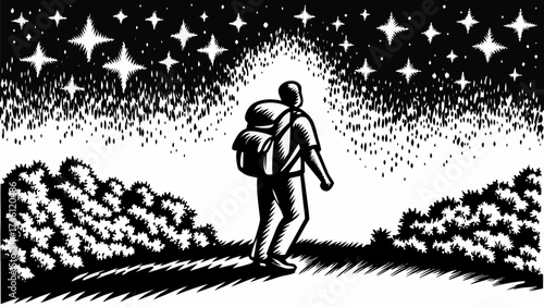 Inspiring hiker trekking towards a starlit horizon, embracing nature's beauty and a sense of adventure