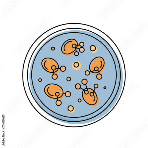 Petri dish illustration with airborne particles and spherical cells representing medical research and scientific discovery