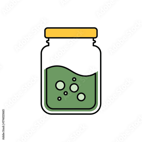 Cartoon style graphic of a transparent container holding a vibrant green solution with effervescence, ideal for various design projects including health, food, and science-related visuals