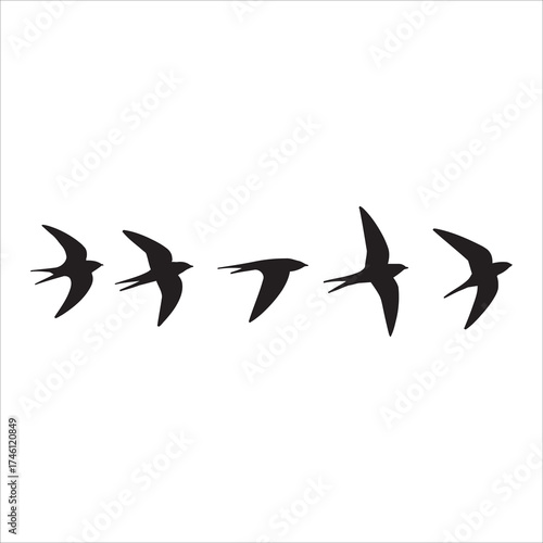 Simple Silhouette Set of Five Flying Swallows or Swifts Birds Vector Icons