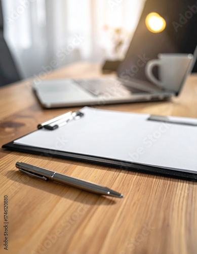 Office Desk Setup with Laptop and Clipboard for Work, Simple Workspace Arrangement on a Light Brown Wooden Table Top