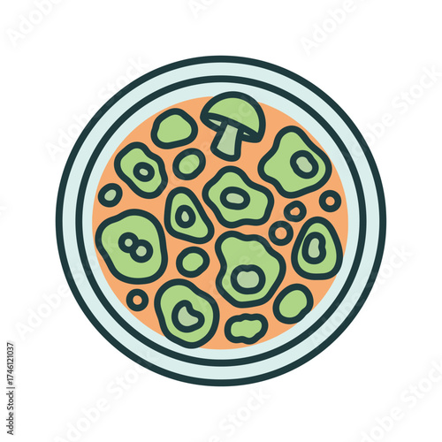 Colorful Illustration of a Delicious Soup with Mushrooms and Avocado in a Bowl, Top View