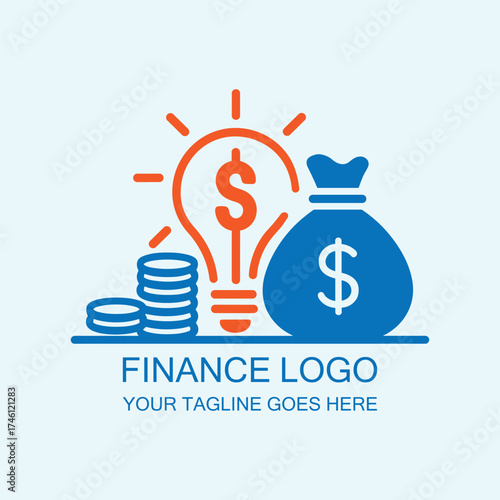 Modern Finance Logo with Money Bag, Coins, and Dollar Light Bulb Concept
