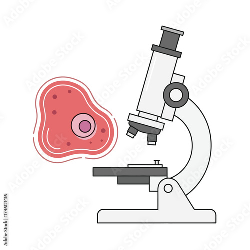 Microscopic examination of a biological cell. An illustration symbolizing science, discovery, laboratory research, and education