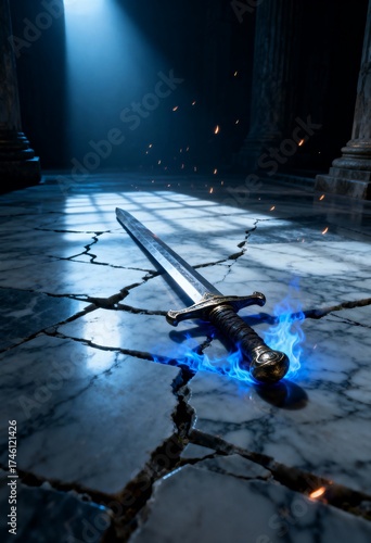 Ancient Sword in Cracked Marble Floor Surrounded by Blue Flame – Fantasy Temple Scene with Cinematic Lighting