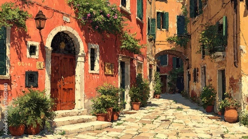 Charming Venetian alleyway with vibrant buildings and lush greenery in a sunny setting