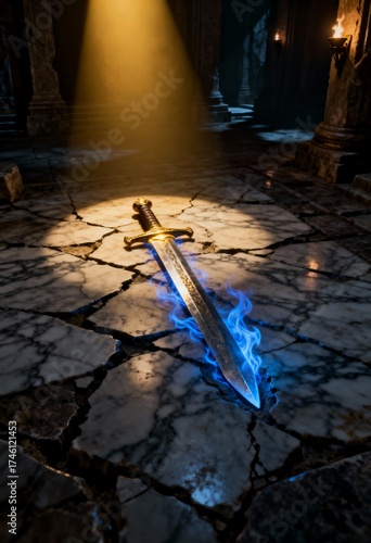 Ancient Sword in Cracked Marble Floor Surrounded by Blue Flame – Fantasy Temple Scene with Cinematic Lighting