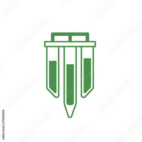 Minimalist green icon of a laboratory rack holding three test tubes, symbolizing scientific research, chemical experiments, and medical analysis