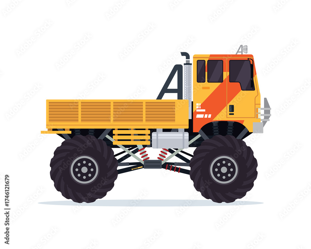 Naklejka premium Yellow Truck with Oversized Tires in Pixel Art Isolated on Transparent Background