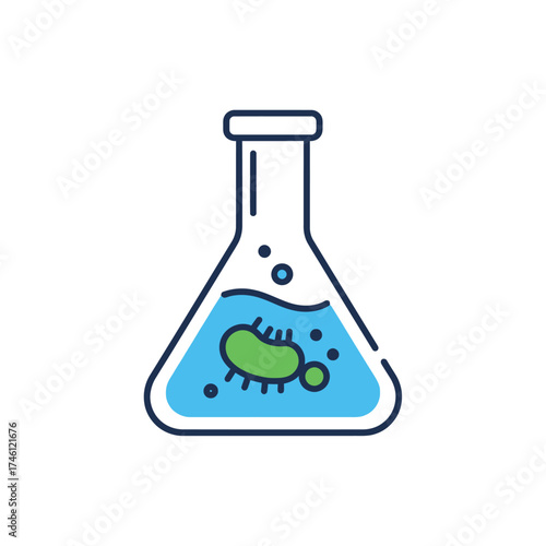 Scientific laboratory flask with a single-celled organism, representing microbiology research, bacterial culture, and chemical experiments
