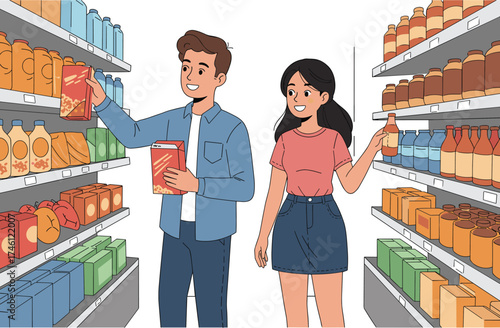 Couple grocery shopping, man holding cart, woman with bag, supermarket aisle, cereal boxes, juice bottles, packaged goods, retail lifestyle, consumer behavior