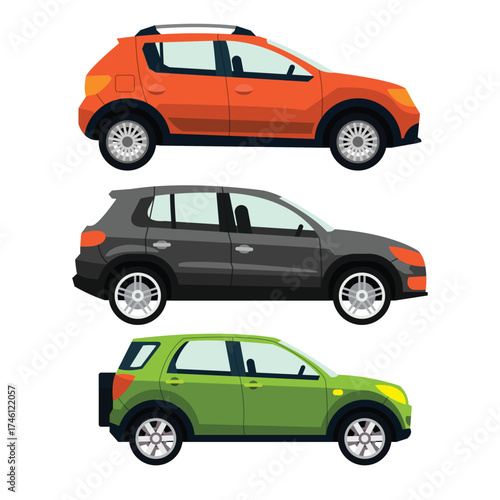 Collection of three realistic automobiles in vector format