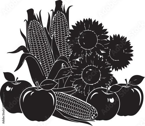 Vector art of black silhouette of a harvest arrangement with corn, apples, and sunflowers