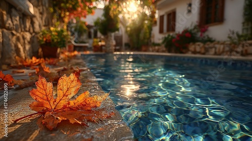 Swimming pool with autumn leaves near a building under sunlight.