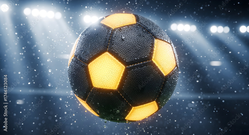 Naklejka premium Dynamic soccer ball glowing with energy, captured mid-air during a thrilling night game under stadium lights, rain falling.