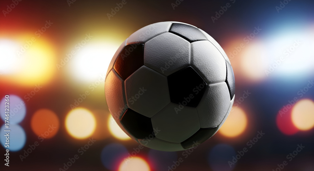 Obraz premium Dynamic soccer ball suspended mid air against a vibrant bokeh stadium light background, capturing the excitement of the game