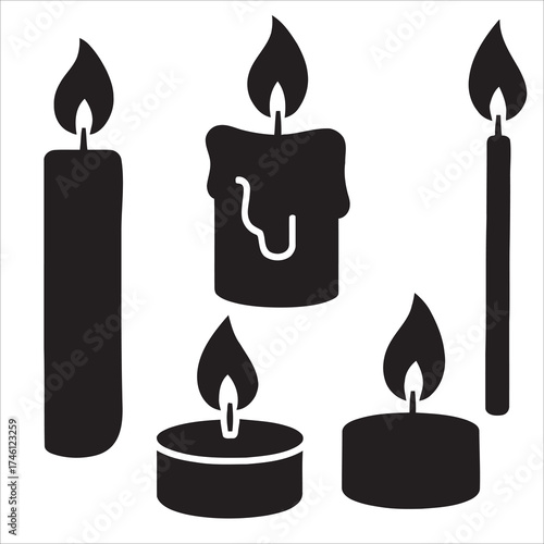 Set of Burning Candle Silhouettes Including Pillar, Taper, and Tealight Black Vector Icons