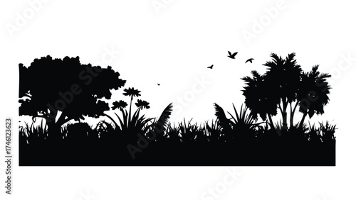 Solid Black Silhouette Vector of a Jungle Horizon