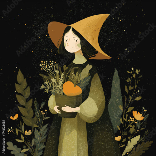 Young green witch gathered herbs. Halloween witch illustration. Forest Fairy. Hand drawn vector illustration.