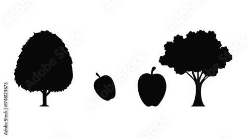 Solid Black Silhouette Vector Set of Fruit Trees