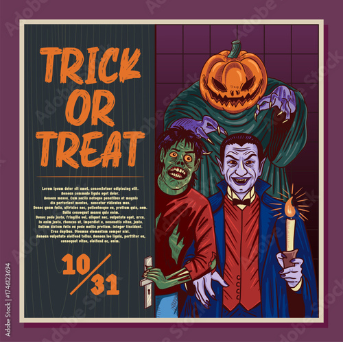 Halloween Invitation Template with Dracula Zombie and Pumpkin Head Monster Illustration