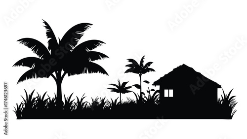 Solid Black Silhouette Vector of a Tropical Garden Scene