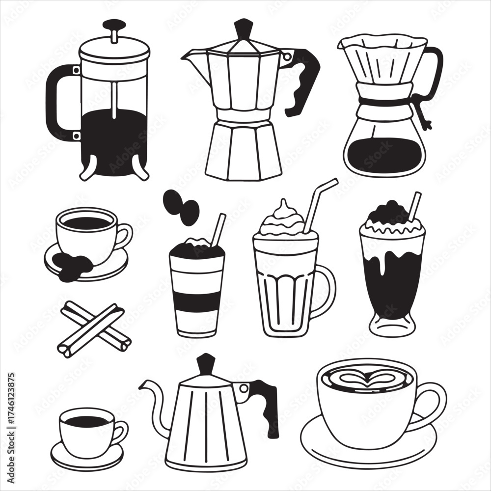 Obraz premium Black and white line art collection of coffee brewing equipment and drinks french press moka pot